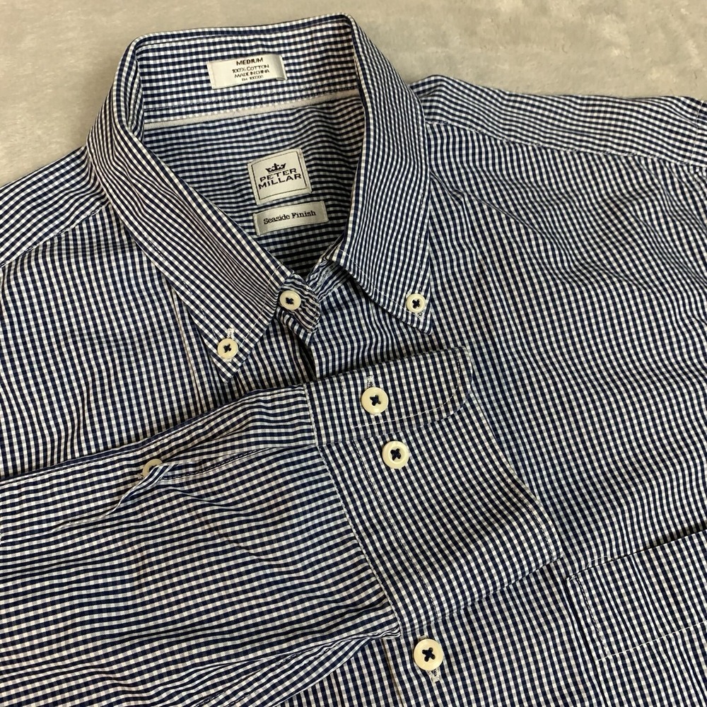 Peter Millar Seaside Finish Shirt Mens Medium Blue Check Button Down Long Sleeve